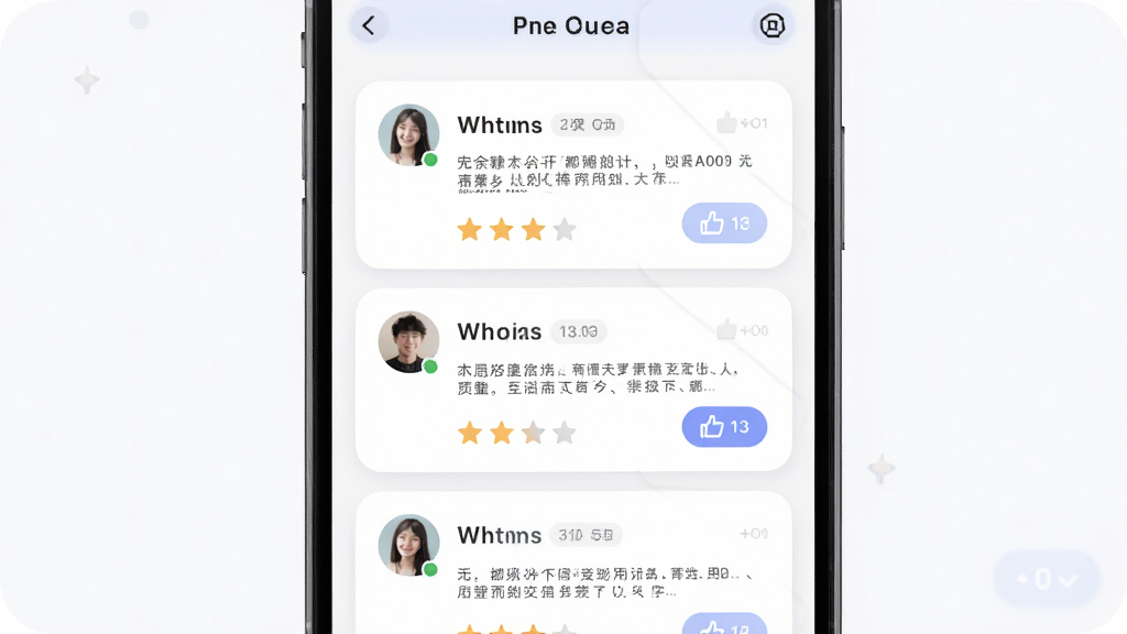 都肆商圈商家评价互动界面,主体为手机屏幕显示评价列表与星级评分,布局为纵向滚动,排版清晰,风格为柔和圆角卡片设计,细节包含用户头像、评论文本、点赞按钮,画质清晰,干净,无多余元素