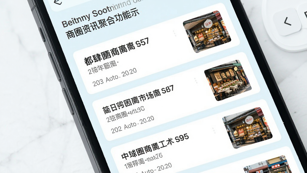 都肆商圈商圈资讯聚合功能展示图,主体为手机屏幕显示资讯卡片列表,布局为上下排列,排版整齐,风格为清新浅色系,细节包含文字标题、时间戳、商家缩略图,画质高清,干净,无多余元素