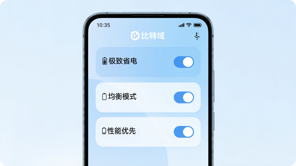 一张展示比特域省电模式切换界面的图片,画面中央是手机屏幕,屏幕上显示三个省电模式选项卡片,分别标注“极致省电”“均衡模式”“性能优先”,卡片采用圆角设计,背景为淡蓝色渐变,风格清新简约,细节包括电池图标、开关按钮、比特域Logo,画质高清,干净,无多余元素