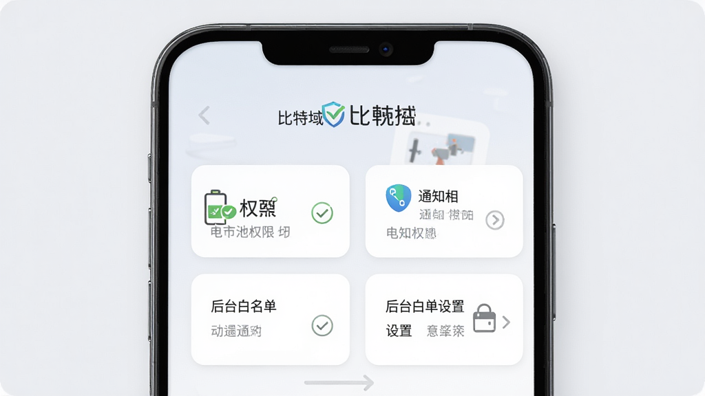 一张展示比特域新手引导页面的图片,画面主体是手机屏幕,屏幕上显示着权限开启引导步骤,包括电池权限、通知权限、后台白名单设置,界面采用卡片式布局,背景为浅灰色,风格简洁友好,细节包括勾选图标、箭头指引、比特域Logo,画质高清,干净,无多余元素