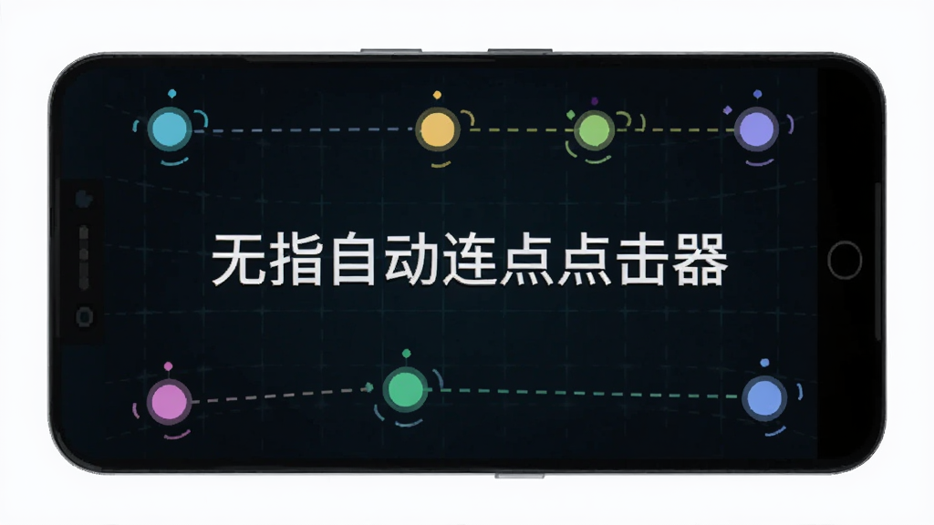 一部安卓手机屏幕显示多个彩色圆点分布在不同位置,每个圆点代表一个自动点击点,圆点之间有虚线连接,背景是深色科技感网格,画面中央有“无指自动连点点击器”文字,风格为扁平化科技插画,画质高清,干净简洁