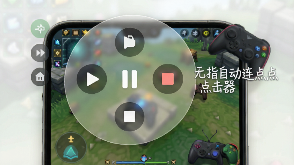 手机屏幕上方悬浮着一个半透明的圆形控制面板,面板内有播放、暂停、停止图标,背景是正在运行的游戏画面,面板旁边有“无指自动连点点击器”字样,风格为现代UI设计,画质清晰,干净无多余元素