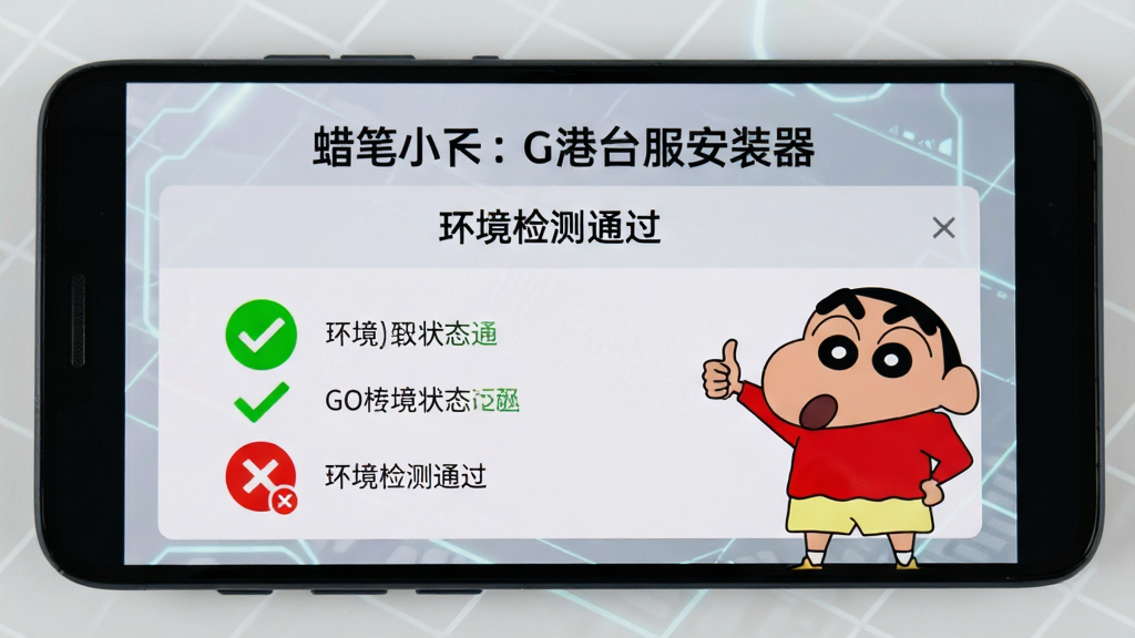 画面中展示一部安卓手机屏幕,屏幕上显示“蜡笔小新:GO港台服安装器”的检测界面,界面中有绿色对勾和红色叉号标识各项环境状态,旁边有卡通风格的小新形象竖起大拇指,背景为科技感浅灰色网格,整体布局清晰,文字使用中文标注“环境检测通过”,画质干净,无杂乱元素。