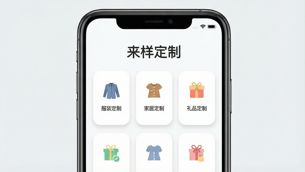 一张展示来样定制应用主界面的手机屏幕截图,画面中央是应用首页,顶部显示