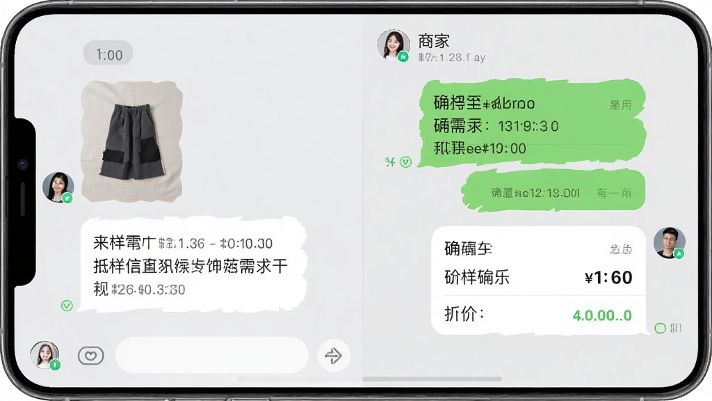 一个展示来样定制应用内在线聊天界面的手机截图,画面中左侧是用户发送的样品图片和文字需求,右侧是商家回复的确认信息和报价单,聊天背景为浅灰色,气泡样式清晰易读,风格为现代即时通讯UI设计,细节包括时间戳、头像和已读标记,画质高清,画面干净,无多余元素