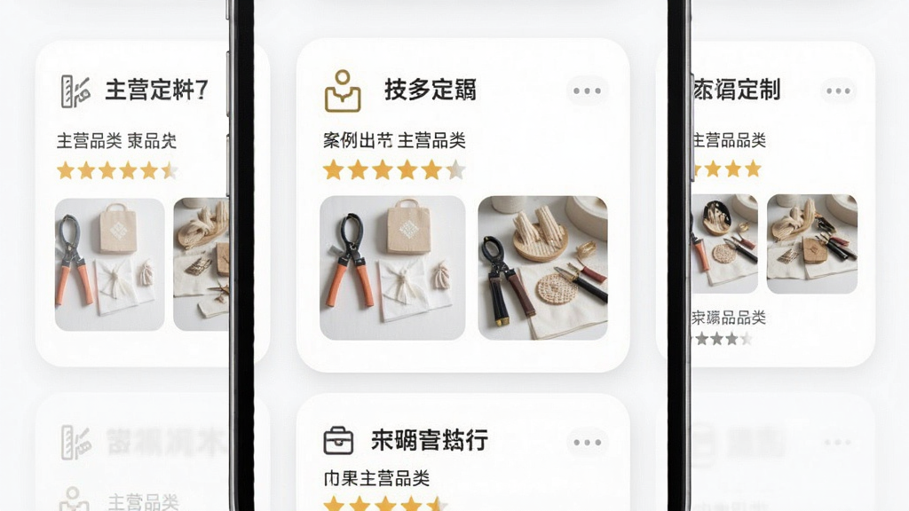 一个展示来样定制商家列表页面的手机界面,画面中排列着多家定制商家的卡片信息,每张卡片包含商家名称、主营品类、评分星级和案例缩略图,整体排版整齐有序,风格为清爽的浅色系UI设计,细节包括圆角卡片、柔和阴影和清晰的图标,画质高清,画面干净,无多余元素