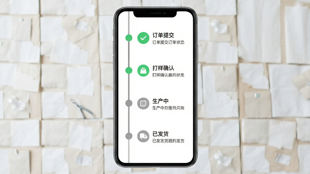 一个展示来样定制订单跟踪页面的手机界面,画面中是一条垂直的时间轴,标注着
