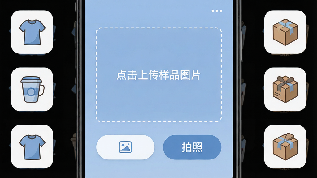 一个展示来样定制应用内样品上传功能的手机界面,画面中央是一个虚线框区域,提示
