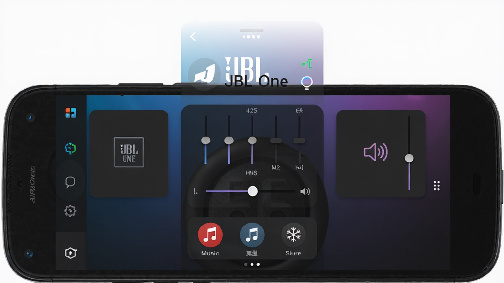 JBL One Ӧ�ý���ȫòչʾͼ������Ϊһ����׿�ֻ���Ļ����Ļ�ڳ��� JBL One Ӧ����������壬�����Ϸ�Ϊ�豸����������״̬���в�Ϊ���������ڻ��������������·�Ϊ����Դ�����ڣ��Ű���жԳƣ����Ϊ�ִ��Ƽ�����ɫ���⣬ϸ�ڰ����������ϱ�����Ч����Ƭʽ����ģ�顢ϸ���ͼ����ߣ����ʸ��壬�ɾ����޶���Ԫ��