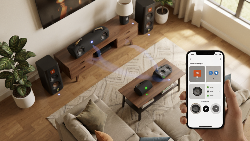 JBL One �෿������ͬ��ʾ��ͼ������Ϊ���������ж�̨ JBL ����ֲ��ڲ�ͬλ�ã��ֻ���Ļ��ʾ�������ƽ��棬����Ϊ�����ӽǣ����Ϊ��ܰ�Ҿ�дʵ�磬ϸ�ڰ���ɳ������ֲ������ָʾ�ơ��ֻ������ϵķ���ͼ�꣬�����������ɾ����޶���Ԫ��