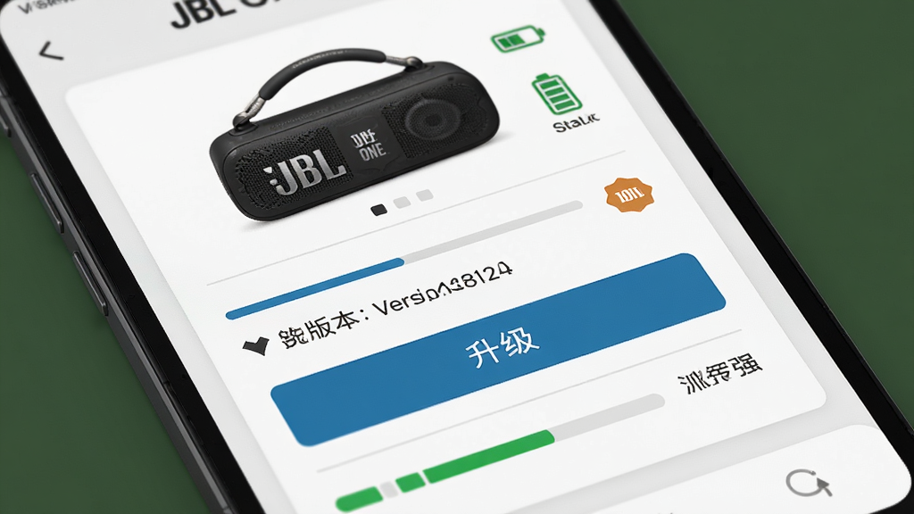 JBL One �̼��������豸״̬��ؽ���ͼ������Ϊ�ֻ���Ļ��ʾ�豸״̬��Ƭ�������Ϸ�Ϊ�豸ͼƬ�����ͼ�꣬�в�Ϊ�̼��汾��������ť���·�Ϊ�ź�ǿ��ָʾ�������Ϊ�������磬ϸ�ڰ������������汾�����֡�״̬���£����ʸ��壬�ɾ����޶���Ԫ��