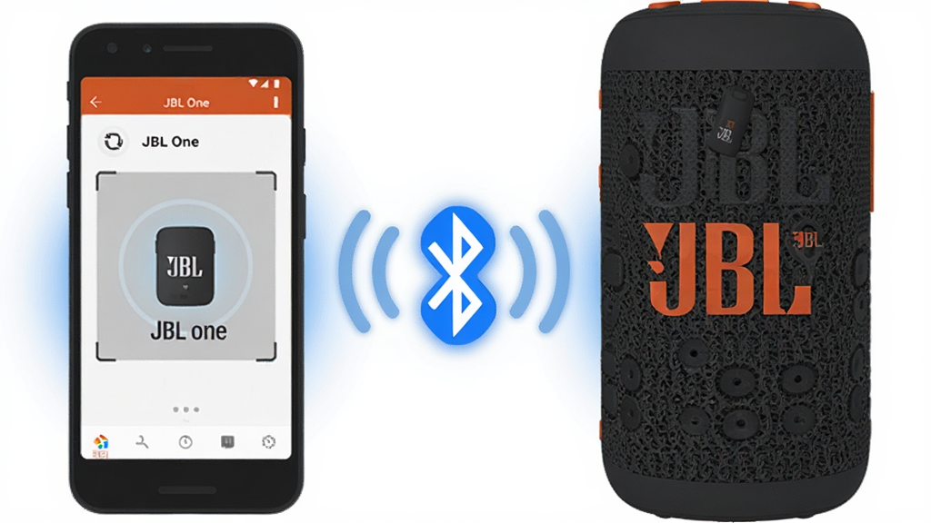 JBL One һ����Թ��ܳ���ͼ������Ϊ�ֻ��� JBL ���䲢�Űڷţ��ֻ���Ļ��ʾ JBL One Ӧ������ɨ���豸�����������������������Ӷ������������Ҷ�Ӧ�����Ϊ��Լ��ƽ�廭�磬ϸ�ڰ������������������ֻ�Բ����Ļ������ɫ���Σ������������ɾ����޶���Ԫ��