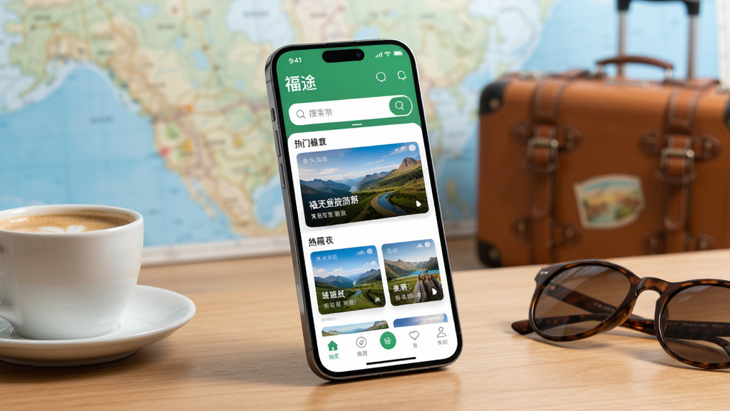 画面主体为一款智能手机,手机屏幕中展示着福途旅游APP的首页界面,界面中包含搜索框、热门景点推荐卡片和底部导航栏。手机放置在木质桌面上,旁边有一杯咖啡和一副太阳镜,背景是虚化的地图和旅行箱。布局采用居中构图,手机略微倾斜。风格为现代简约写实风,光线明亮柔和,细节清晰,画质为4K超高清,画面干净整洁,无多余杂乱元素。