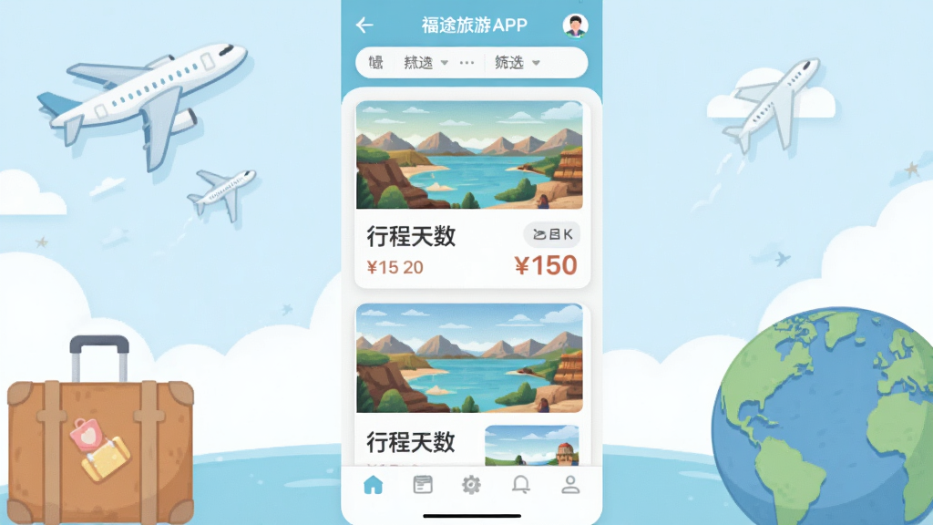 福途旅游APP的线路列表页面,画面中展示多条旅游线路卡片,卡片上印有目的地风景缩略图、行程天数和价格。页面顶部有筛选栏,底部有导航按钮。背景是旅行主题的插画风格,带有飞机、行李箱和地球元素。布局为纵向列表,风格为清新明快的扁平插画风,色彩柔和,画质清晰,画面干净整洁。
