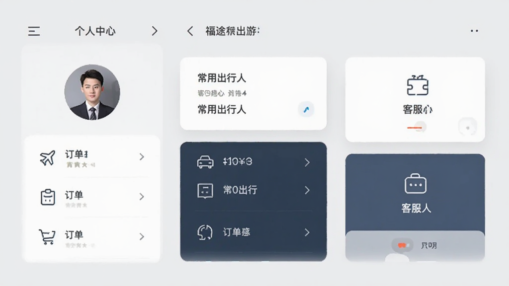 福途旅游APP的个人中心页面,画面中展示用户头像、订单列表、常用出行人管理和客服入口等模块。页面采用卡片式布局,背景为浅灰色,图标为线性风格。整体风格简约商务,色彩沉稳,画质清晰,画面干净整洁,无多余装饰元素。