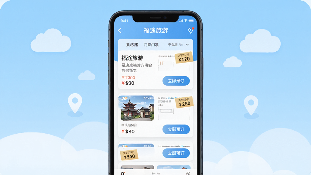 手机应用界面截图风格,画面中央展示福途旅游APP的门票预订页面,页面中列出多个景点门票卡片,带有价格标签和“立即预订”按钮。背景为浅蓝色渐变,点缀着白色云朵和定位图标。布局清晰,信息层级分明,风格为扁平化UI设计,色彩清新,画质高清,画面干净无多余元素。