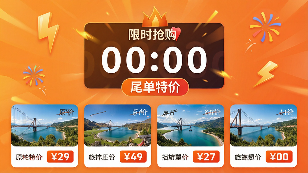 福途旅游APP的限时抢购页面,画面中央是一个醒目的倒计时牌和“尾单特价”标签,下方排列着多个折扣旅游产品卡片,带有原价划线和现价高亮。背景为暖橙色渐变,点缀着闪电和礼花图标。布局聚焦中央,风格为电商促销风,视觉冲击力强,画质高清,画面干净无多余元素。