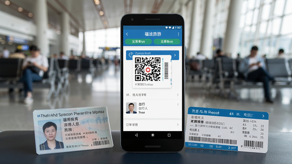 一部安卓手机屏幕显示福途旅游APP的订单详情页面,页面中包含二维码门票和出行人信息。手机旁边放着一张身份证和一张高铁票,背景是候车大厅的虚化场景。布局为手机居中,物品环绕。风格为写实生活风,光线自然,画质清晰,画面干净,无多余杂乱元素。