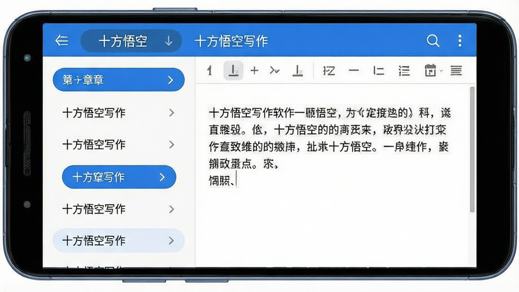 一张展示十方悟空写作软件界面的手机屏幕预览图,主体是一部竖屏安卓手机,屏幕中显示写作编辑界面,左侧是章节列表,右侧是文字编辑区,顶部有“十方悟空写作”字样,布局简洁清晰,排版规整,风格为现代简约科技风,细节包括蓝色主色调、白色背景、圆角按钮、文字排版整齐,画质清晰,干净利落,无多余元素