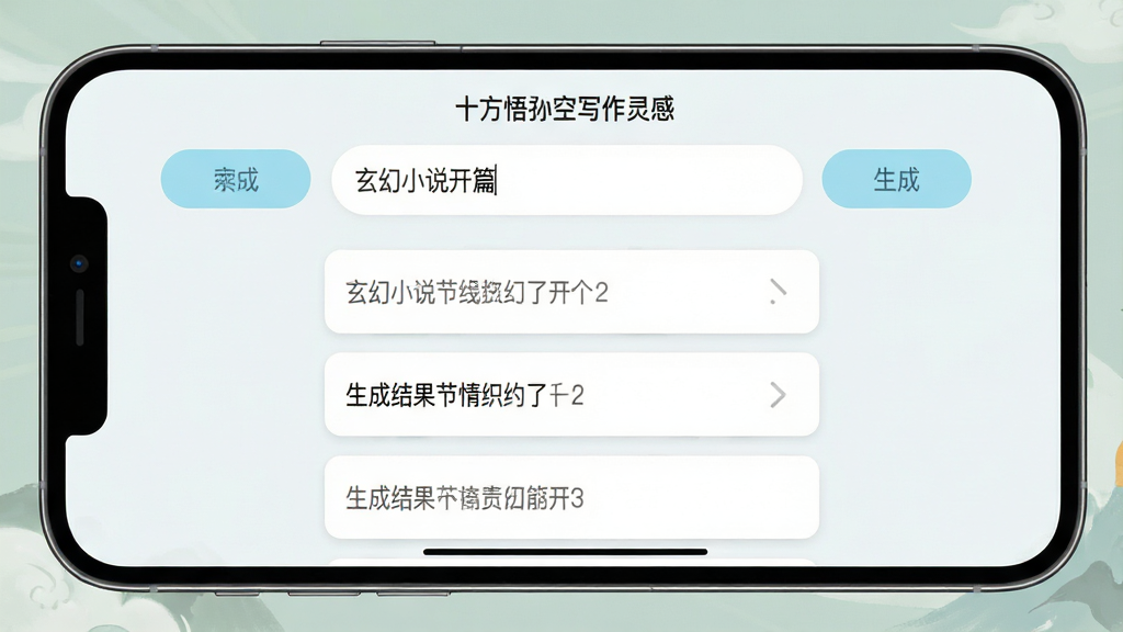 一张展示十方悟空写作灵感生成功能的界面截图预览,画面中一部手机横屏展示,屏幕中央显示输入框和生成结果列表,输入框中有“玄幻小说开篇”字样,下方列出多条情节建议,布局为上下结构,排版清晰,风格为清新浅色系,细节包括浅蓝色按钮、白色卡片、灰色文字、圆角输入框,画质干净,无多余元素