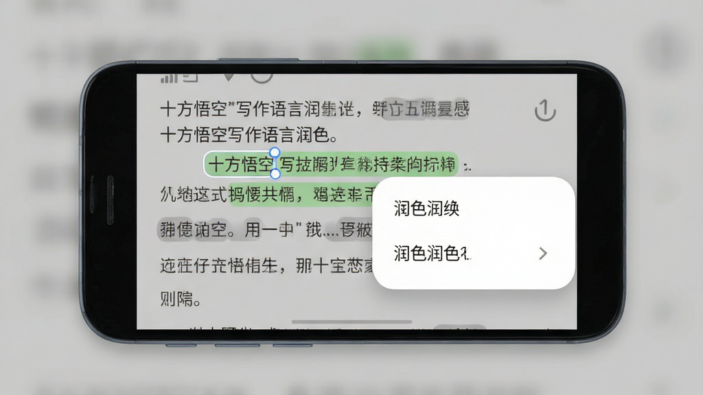 一张展示十方悟空写作语言润色功能的界面预览图,主体是一部安卓手机,屏幕中显示一段小说文字,部分文字被选中并弹出润色选项菜单,布局为上下结构,排版整洁,风格为柔和圆角设计,细节包括浅绿色高亮选中文字、白色弹窗菜单、灰色背景,画质清晰,干净无杂乱元素