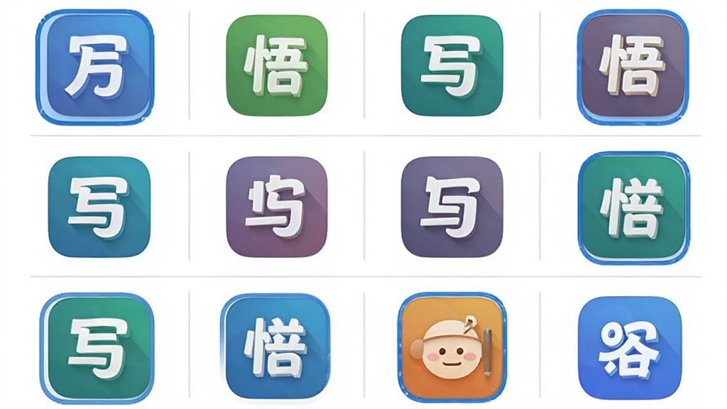 一张展示多款写作软件图标排列的预览图,主体是手机屏幕上的应用列表,包含十方悟空写作等多个写作类App图标,布局为网格排列,排版整齐,风格为扁平化设计,细节包括圆角图标、白色背景、浅灰色分割线、蓝色高亮边框,画质清晰,干净无多余元素