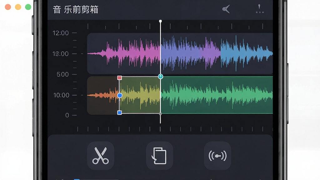 AI生图,主体为“音乐工具箱”软件中的音频剪辑功能界面,布局为手机屏幕竖版展示,排版上方是波形轨道,下方是剪刀、复制、淡入淡出等操作图标,风格为现代扁平化科技风,细节包含彩色波形、时间刻度线、选中高亮区域,画质高清,干净,无多余元素