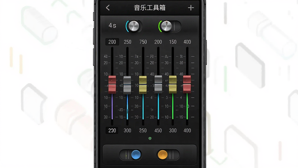 AI生图,主体为“音乐工具箱”软件的音效均衡器界面,布局为手机屏幕竖版,排版中央是十段均衡器推子,上下有低音增强和环绕音效开关,风格为深色专业音频软件风,细节包含彩色推子、频率刻度、数值显示,画质高清,干净,无多余元素