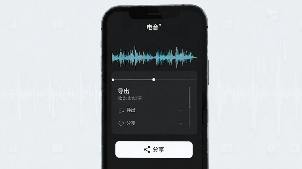 软件“电音”的导出分享界面,手机屏幕显示音频波形与导出参数选项,下方有分享按钮,背景为浅色简约风格,布局干净,画质清晰,无多余装饰元素