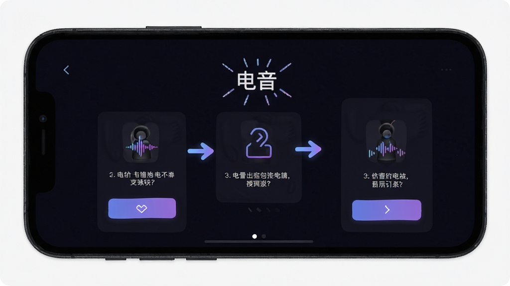 手机屏幕显示“电音”软件的新手引导界面,有箭头指示操作步骤,背景为深色,布局简洁,画质清晰,干净无多余元素