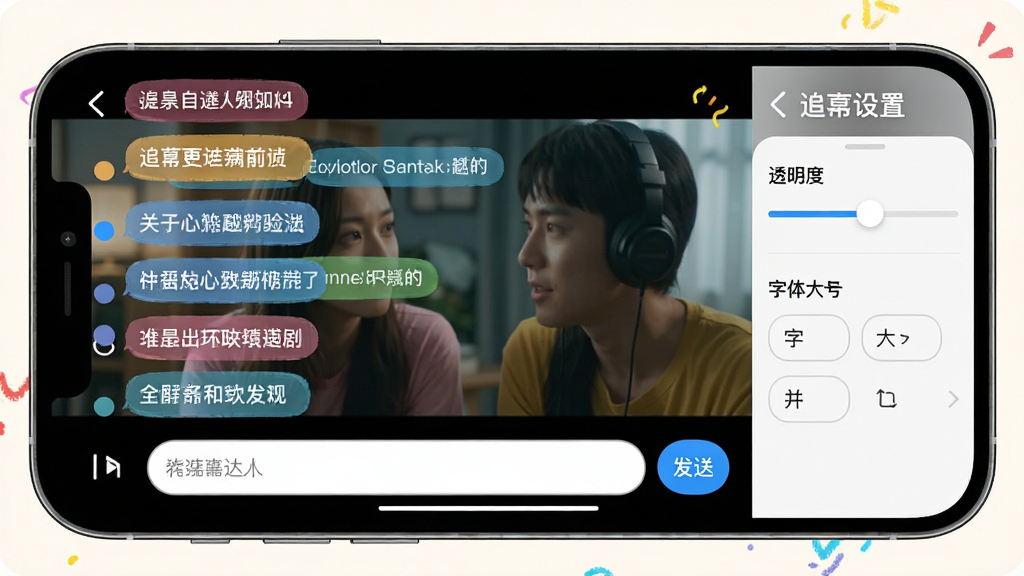 追剧达人弹幕互动功能界面,手机横屏播放视频,屏幕上飘过彩色弹幕文字,底部有弹幕输入框和发送按钮,侧边有弹幕设置面板显示透明度调节滑块和字体大小选项,背景为影视画面,布局层次分明,风格活泼有趣,细节丰富,画质高清,干净无多余元素