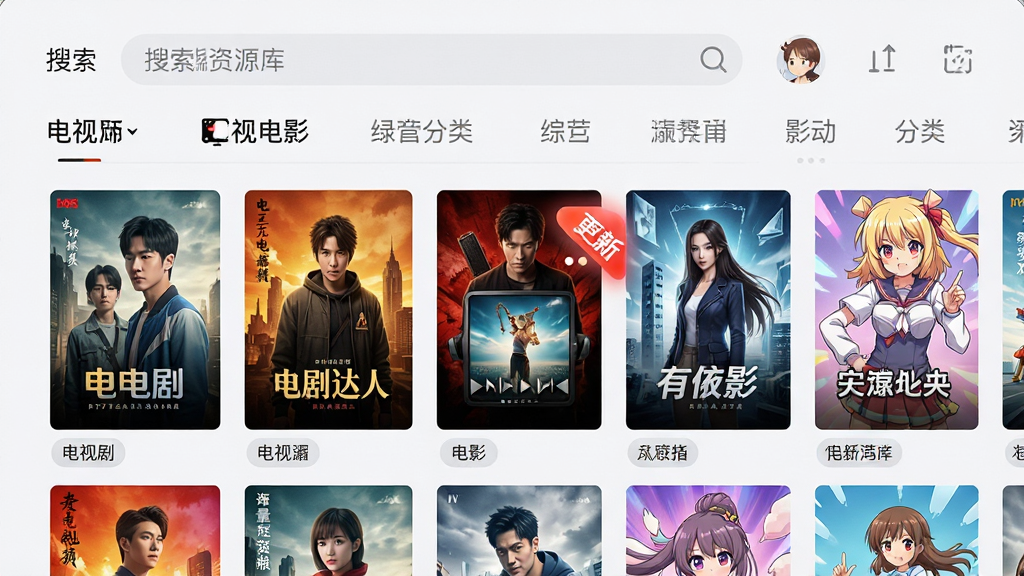 追剧达人海量影视资源库界面,手机屏幕中展示网格状影视海报排列,包含多种类型标签如电视剧、电影、综艺、动漫,海报色彩丰富,顶部有搜索框和分类导航,背景为浅色简约风格,画面中央有更新角标闪烁效果,布局整齐有序,风格清新明快,细节精致,画质高清,干净无多余元素