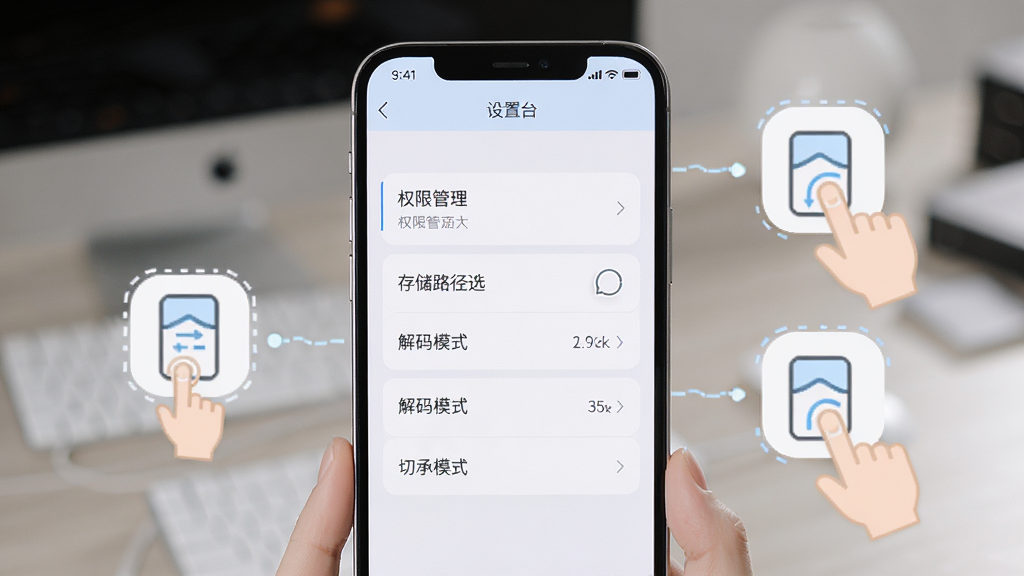追剧达人新手使用指南示意图,手机屏幕中显示设置界面,包含权限管理、存储路径选择、解码模式切换等选项,旁边有手指点击操作的示意图标,界面为浅色主题,布局清晰明了,风格简洁实用,细节丰富,画质高清,干净无多余元素