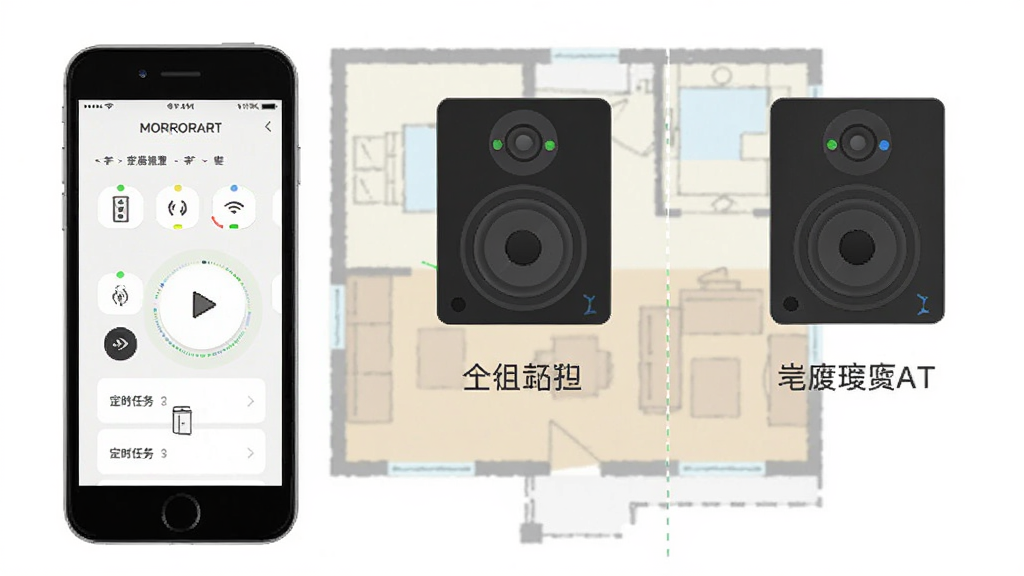MORRORART多设备管理界面示意图,画面中同时展示三台不同房间的音箱图标,手机屏幕显示分组控制面板,背景为家庭户型简图,风格为扁平化信息图,细节包括设备状态指示灯、同步播放按钮、定时任务列表,画质清晰,布局整洁