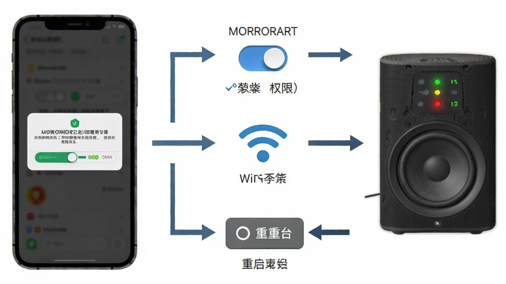 MORRORART应用故障排查流程图,画面左侧为手机显示错误提示弹窗,右侧为音箱指示灯闪烁状态,中间用箭头连接解决方案图标,风格为信息图表,细节包括权限开关示意图、Wi-Fi信号图标、重启按钮,画质清晰,布局直观