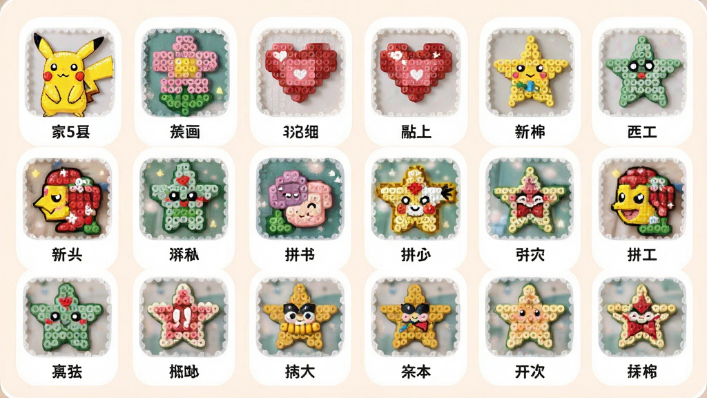 一张拼个豆应用内图纸分类页面的截图风格图片,画面展示多个彩色拼豆图案缩略图整齐排列,包括皮卡丘、花朵、爱心、星星等造型,每个图案下方有中文分类标签,界面采用圆角卡片设计,配色柔和,风格可爱,画质干净,布局清晰。