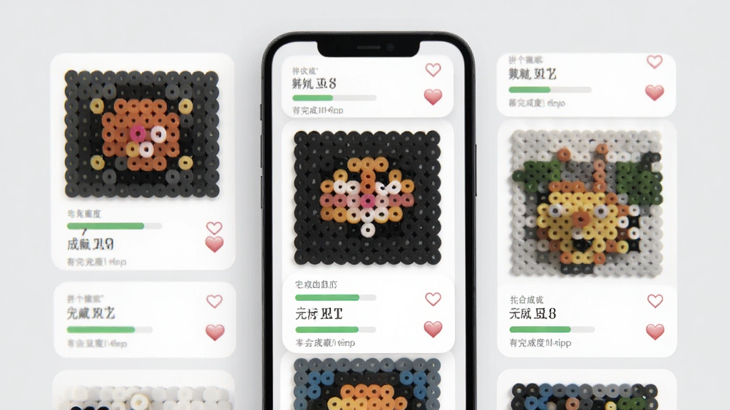 一张展示拼个豆应用作品管理界面的图片,手机屏幕上显示着多个拼豆作品卡片,每个卡片上有完成度进度条和收藏爱心图标,界面采用浅灰色背景和白色卡片,风格简约现代,画质清晰,无杂乱元素。
