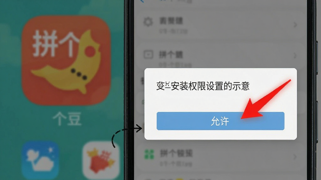 一张拼个豆应用在安卓手机上的安装权限设置界面示意图,画面展示手机屏幕弹出权限请求对话框,旁边有红色箭头标注“允许”按钮,背景为模糊的拼个豆应用图标,风格简洁说明性强,画质清晰,无多余装饰。