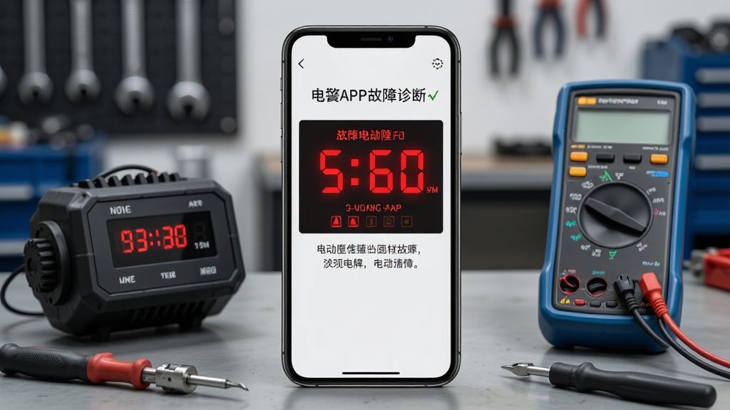 甲胄动力APP故障诊断界面,手机屏幕显示红色故障码和中文解释文字,旁边有电动摩托车控制器和万用表,背景为维修车间,风格为写实维修风,布局为手机居中、工具环绕,细节突出故障码的红色警示和文字清晰度,画质高清,干净无多余元素