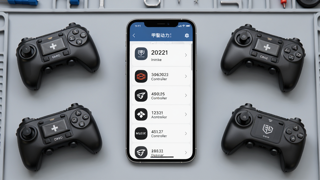 甲胄动力APP车型选择界面,手机屏幕上列出多个控制器品牌图标和型号列表,旁边有不同品牌的控制器实物,背景为浅灰色工作台,风格为简约商务风,布局为手机居中、控制器环绕,细节突出图标辨识度和列表清晰度,画质高清,干净无多余元素