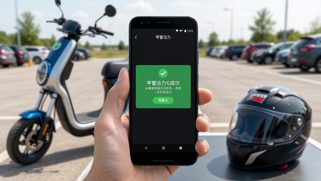 甲胄动力APP在安卓手机上运行的场景图,手机屏幕显示参数调节成功提示,旁边有电动摩托车和头盔,背景为户外停车场,风格为写实生活风,布局为手机居中、车辆虚化,细节突出屏幕提示文字和手机握持感,画质高清,干净无多余元素