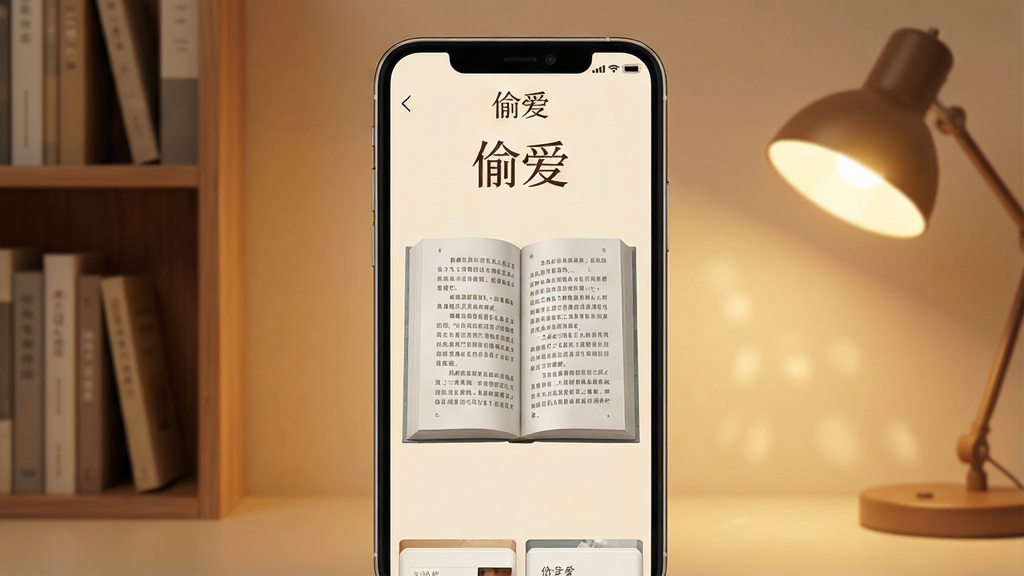 手机屏幕中央显示小说阅读界面,顶部有“偷爱”文字标识,背景为柔和米黄色,页面排版整齐,主体为翻开的电子书页,周围环绕书架与暖色台灯光晕,风格温馨简洁,细节清晰,画质干净,无多余元素