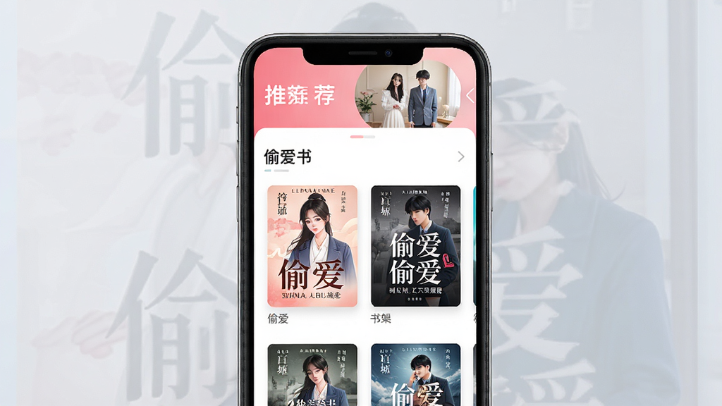 手机应用界面展示“偷爱”书架页面,多本小说封面整齐排列,顶部有推荐横幅,背景为浅灰渐变,风格清爽现代,细节清晰,画质干净,无多余元素