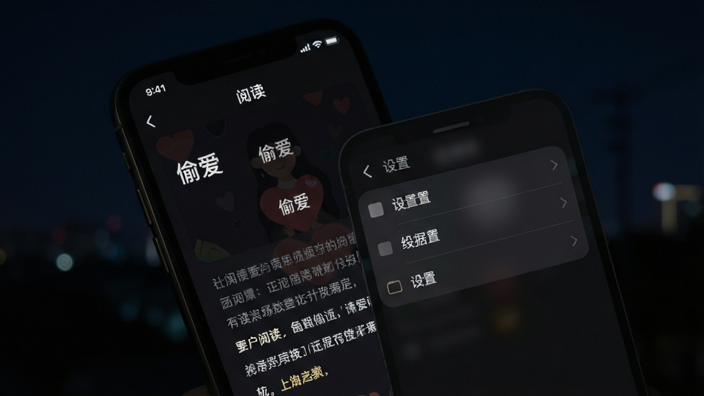 手机屏幕展示“偷爱”阅读界面与设置菜单叠加,背景为深色夜间模式,文字清晰,界面简洁,细节干净,画质清晰,无多余元素
