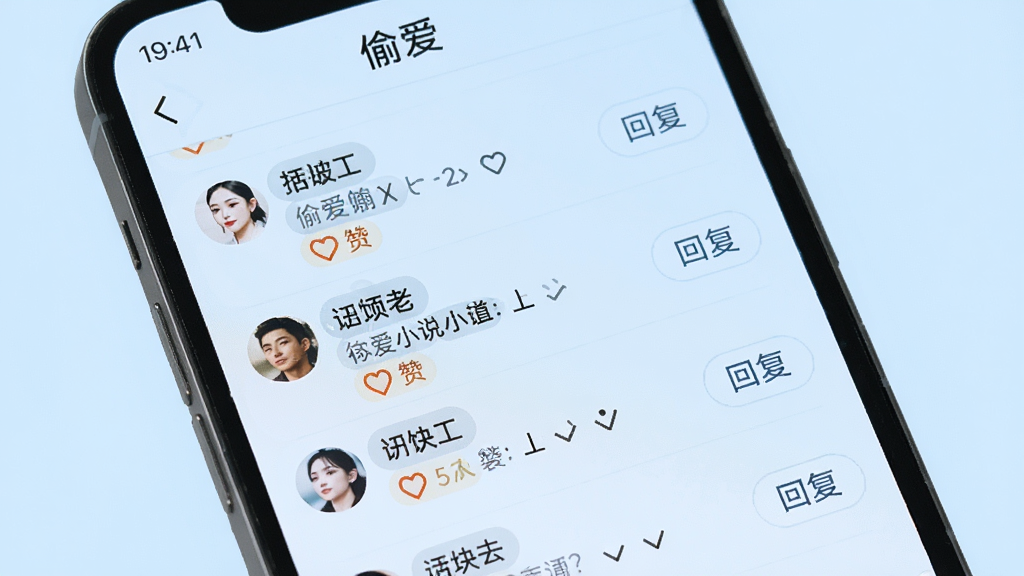 手机屏幕显示“偷爱”小说评论区界面,多条用户评论排列,包含点赞图标与回复按钮,背景为浅蓝色调,风格清新,细节清晰,画质干净,无多余元素