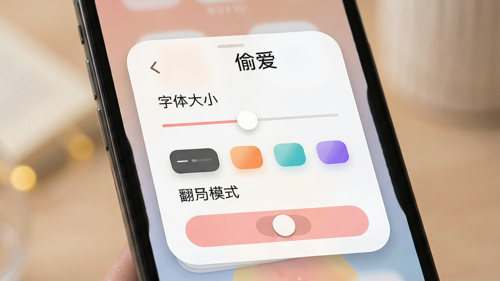手机屏幕展示“偷爱”阅读设置面板,包含字体大小滑块、背景颜色选项、翻页模式切换按钮,界面为圆角卡片风格,背景柔和,细节清晰,画质干净,无多余元素