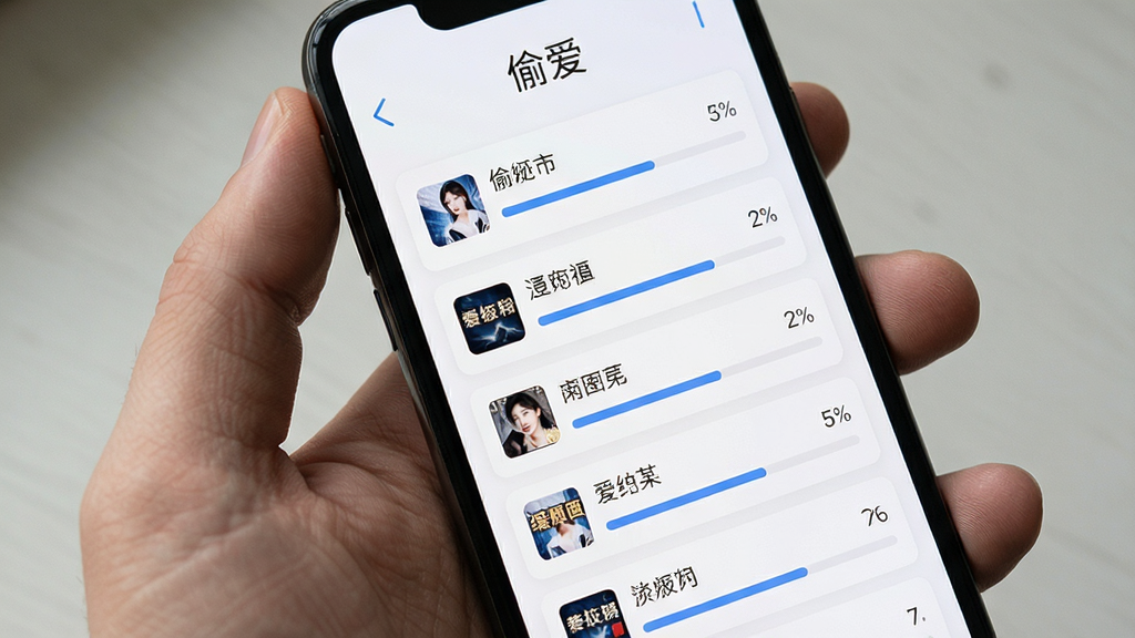 手机屏幕显示“偷爱”离线缓存管理界面,列表展示多本小说名称与缓存进度条,背景为白色卡片式布局,风格简约,细节清晰,画质干净,无多余元素