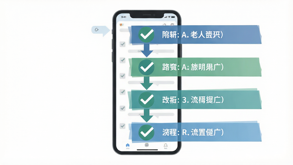 老人桌面安装设置流程图,主体为手机界面步骤指引,布局为纵向流程图,排版清晰直观,风格为扁平化信息图,细节包含勾选图标和箭头指示,画质高清,干净,无多余元素