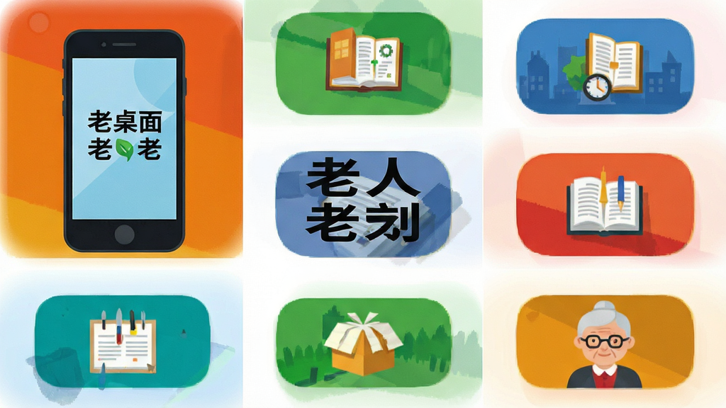 老人桌面功能展示,主体为放大的手机图标和粗体文字,布局为九宫格排列,排版整齐划一,风格为清晰直观的扁平化设计,细节包含高对比度的色彩搭配和圆角矩形图标,画质高清,干净,无多余元素