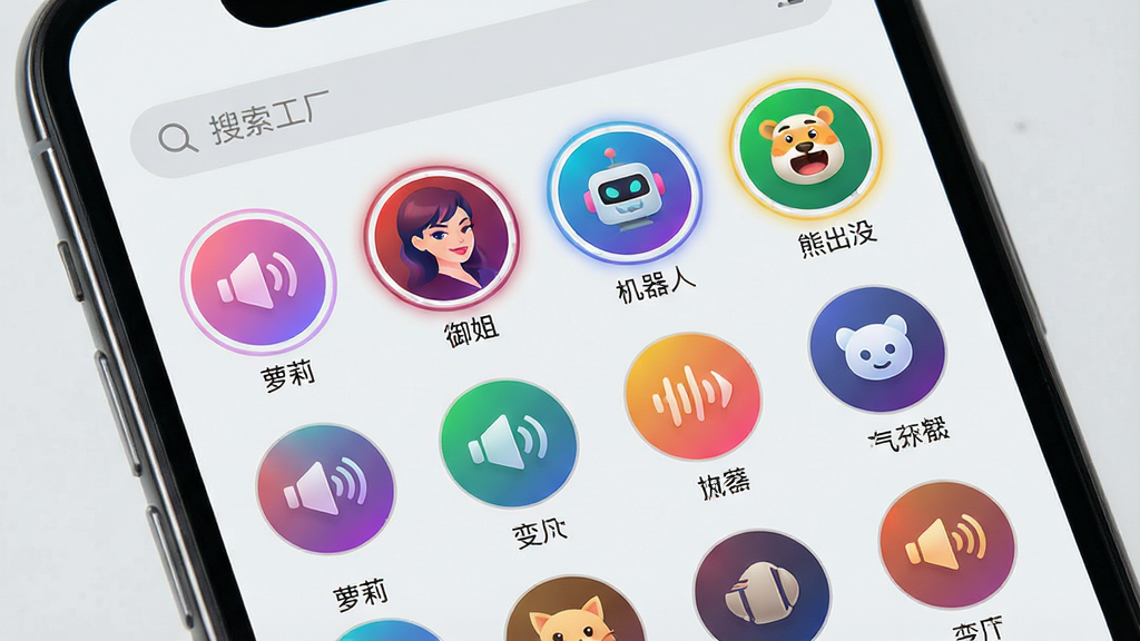 变声工厂音效模板库展示,画面为手机屏幕特写,屏幕内是变声工厂的音效选择页面,网格状排列着数十个圆形音效图标,每个图标下方有文字标签如“萝莉”“御姐”“机器人”“熊出没”等,页面顶部有搜索框,背景为浅灰色,风格为清新简约,细节包括图标的彩色渐变和选中状态的高亮边框,画质高清,干净,无多余元素